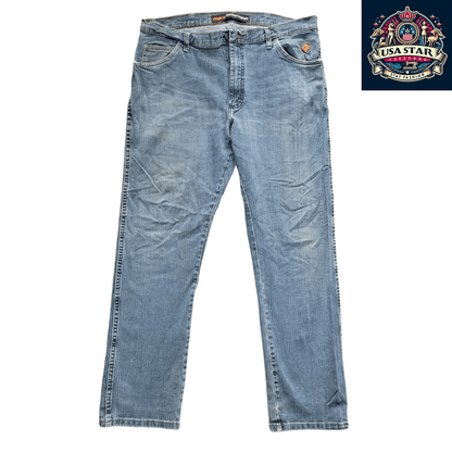 Wrangler Flame Resistant Jeans FRAC47D 38x32, Advanced Comfort, Light Blue Denim, Grade A/B