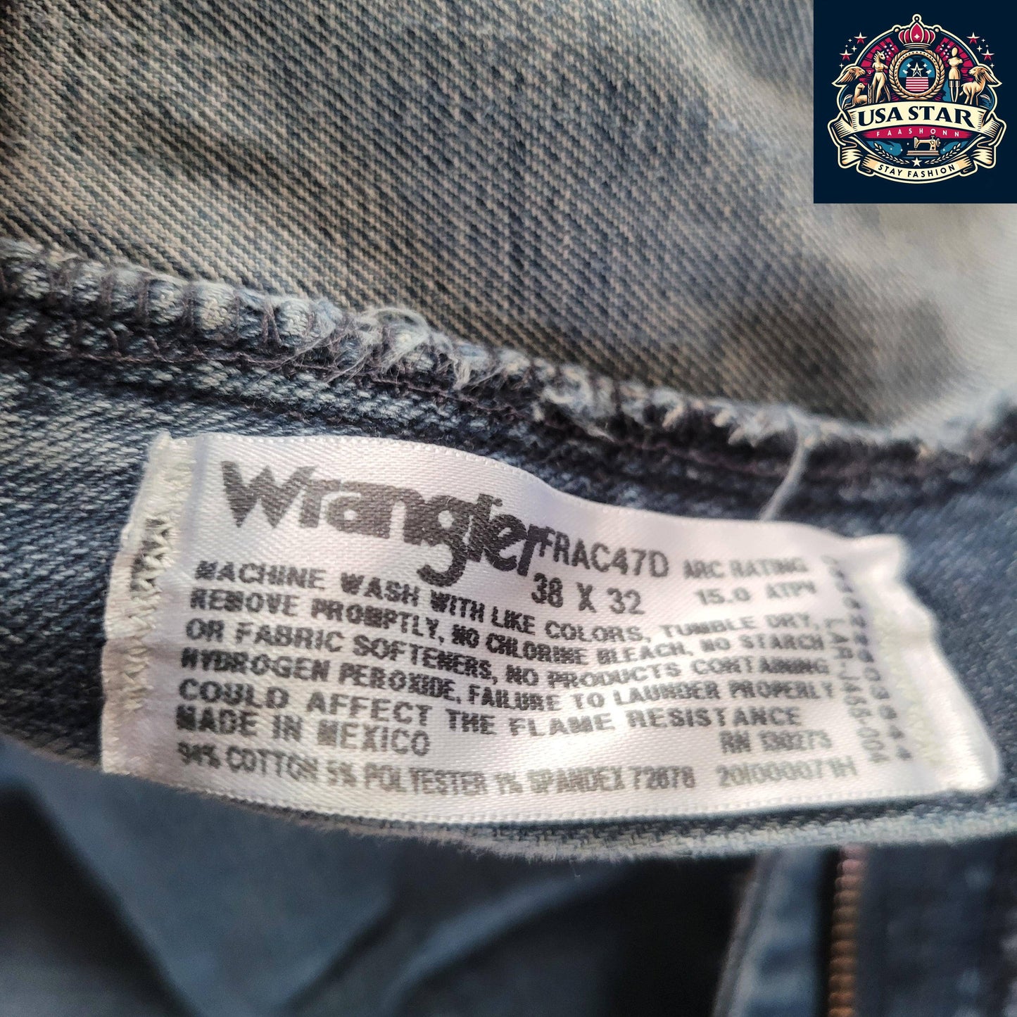 Wrangler Flame Resistant Jeans FRAC47D 38x32, Advanced Comfort, Light Blue Denim, Grade A/B