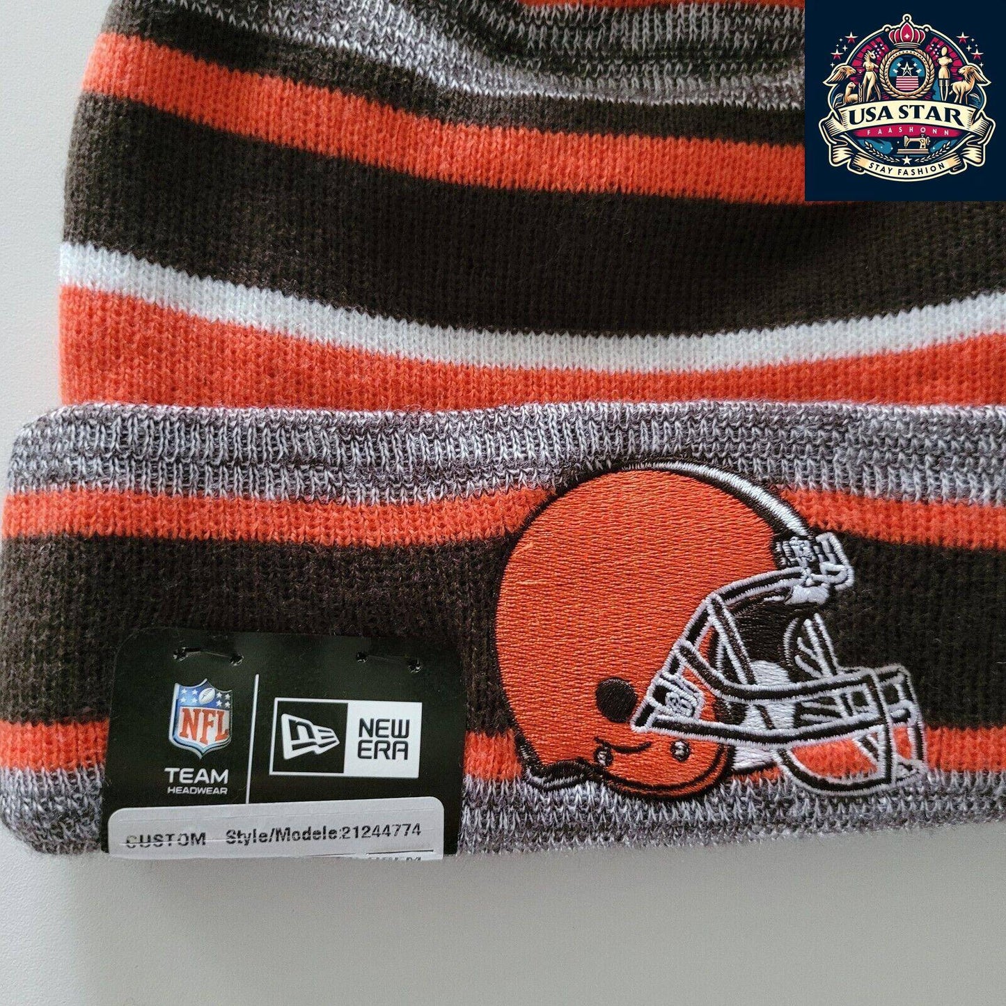 🏈 Cleveland Browns Marled Stripe Pom New Era Beanie Hat - One Size 🌟🔶🏈