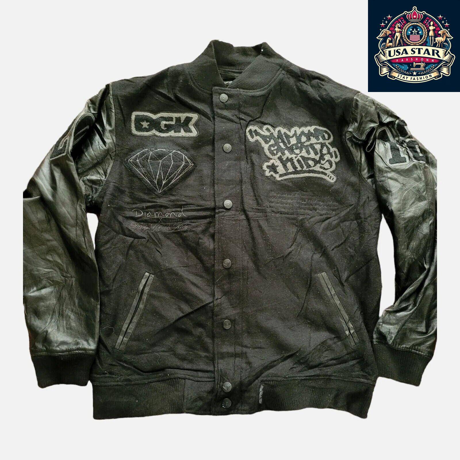 DGK Diamond X Supply Co Dirty Ghetto Kids Jacket Mens XL Black Leather Wool Varsity USASTARFASHION