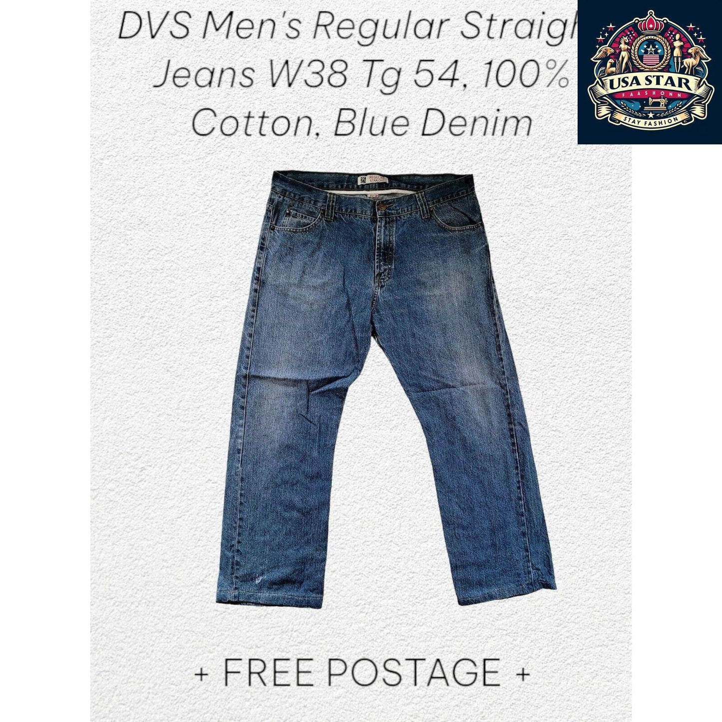 DVS Men's Straight Jeans W38 TG54, 100% Cotton, Classic Blue Denim, Comfortable Fit