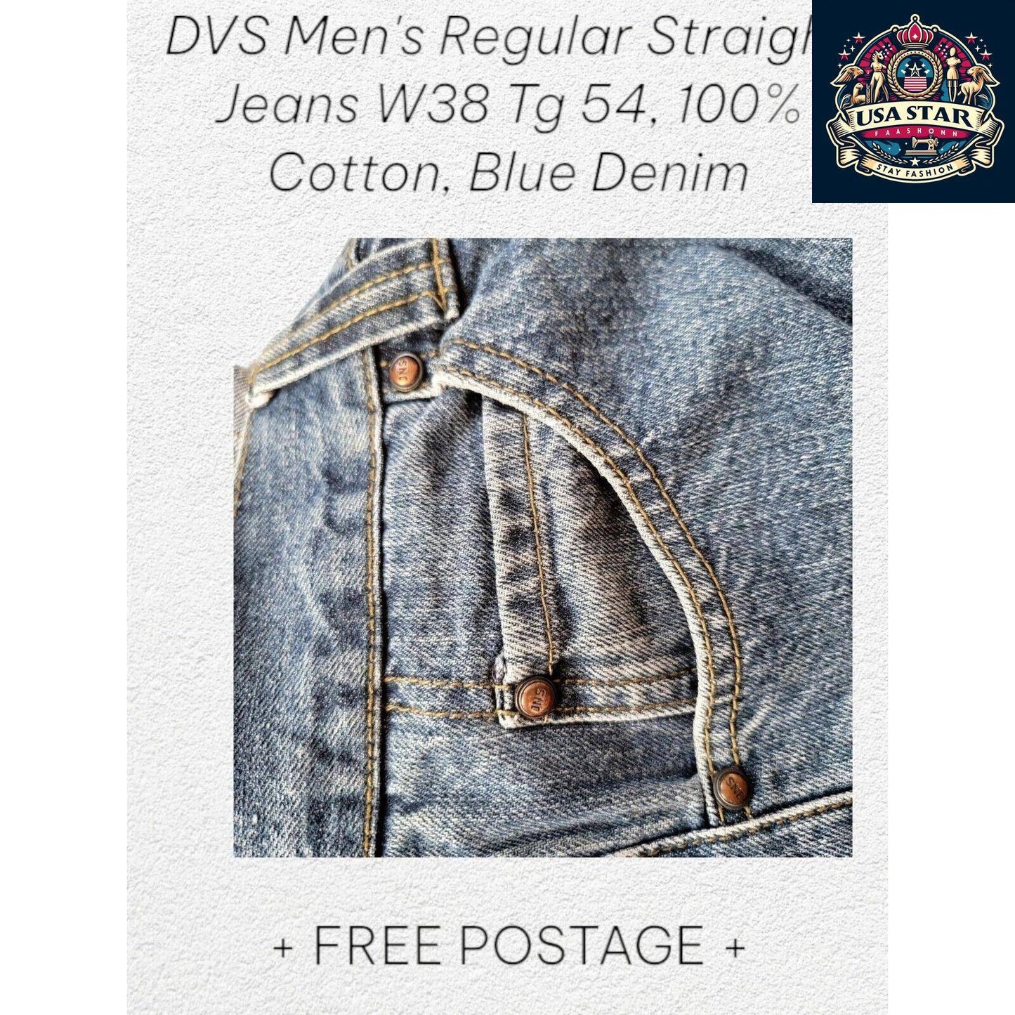 DVS Men's Straight Jeans W38 TG54, 100% Cotton, Classic Blue Denim, Comfortable Fit