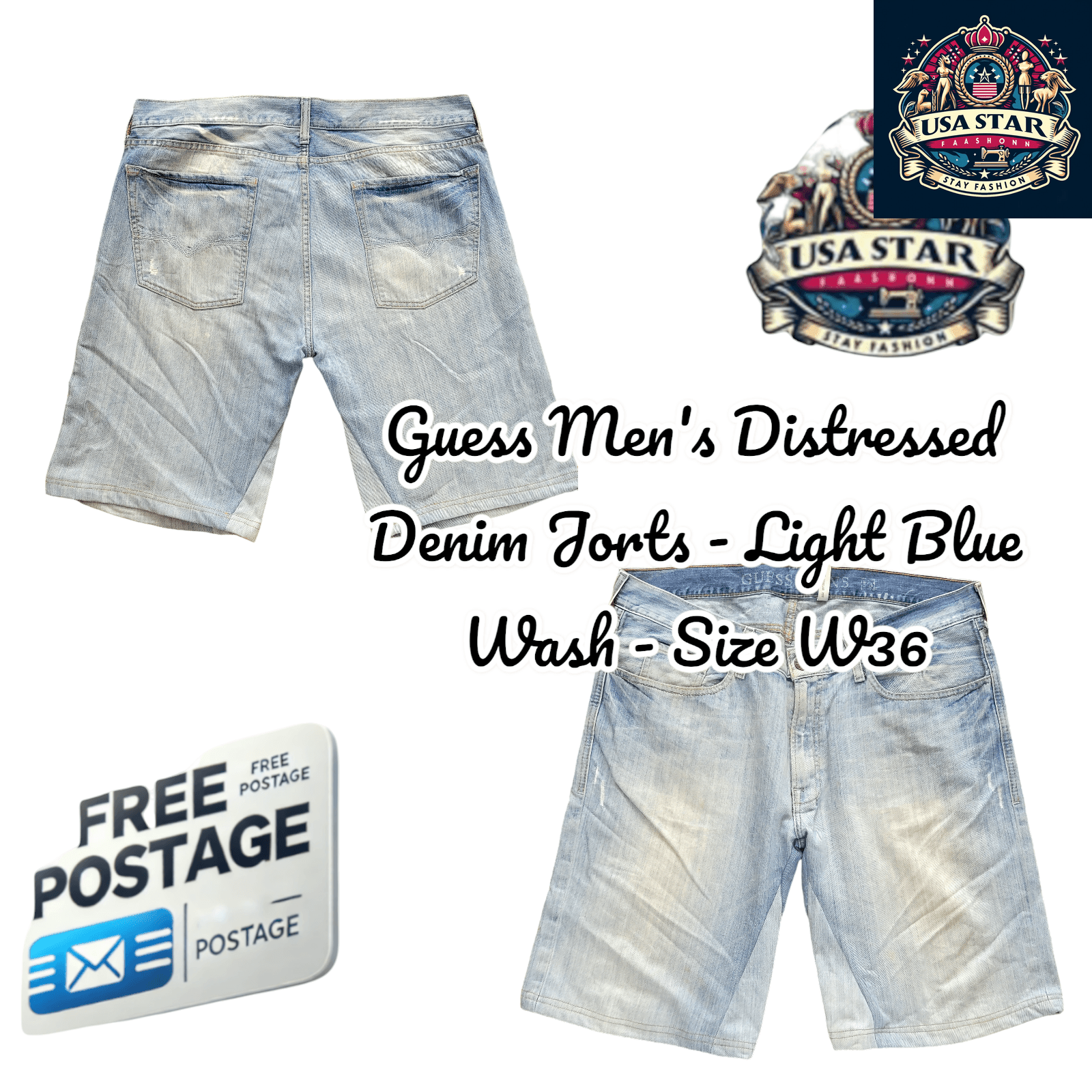 Guess Men's Distressed Denim Jorts W36 in Light Blue Wash - Stylish and Versatile Casual Shorts USASTARFASHION