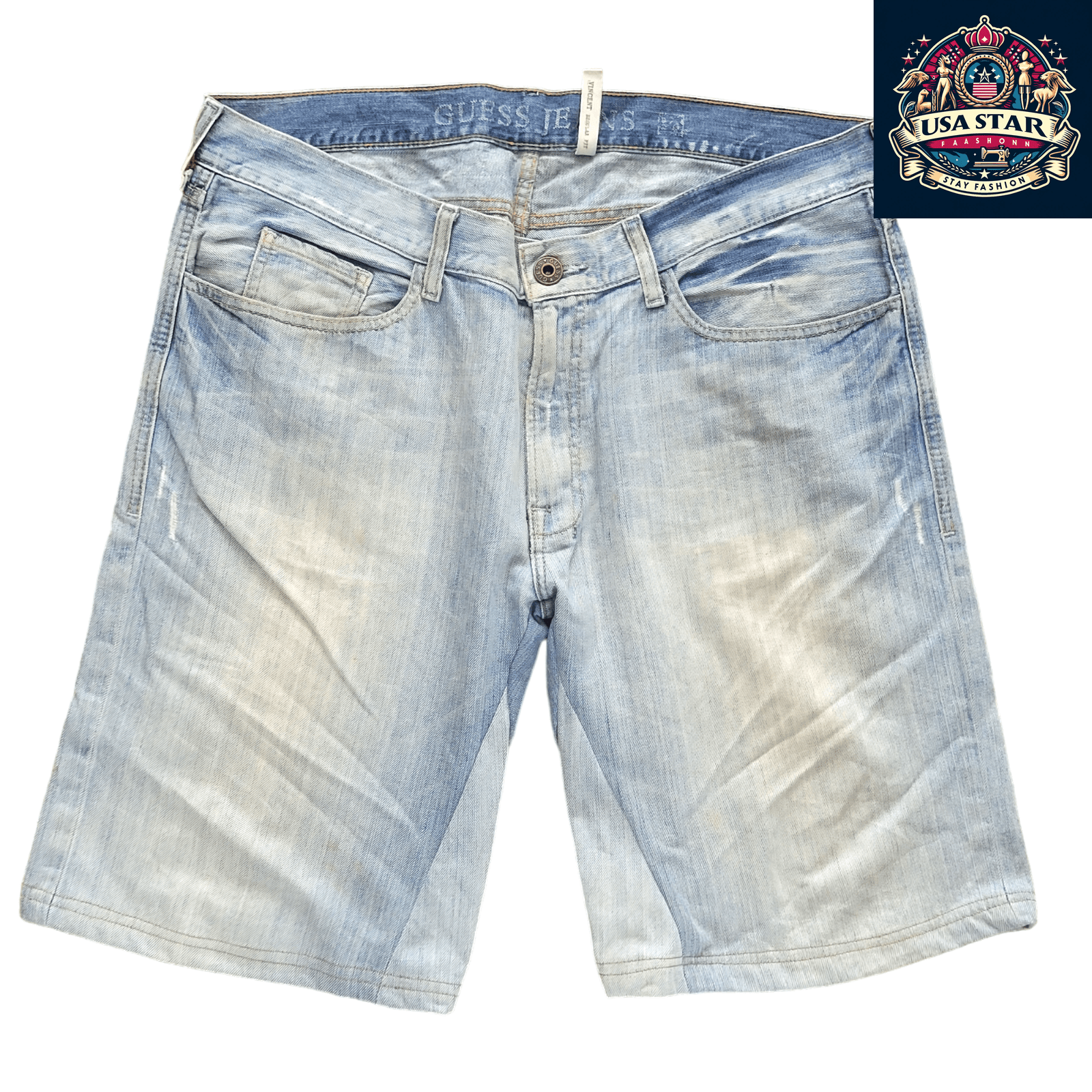 Guess Men's Distressed Denim Jorts W36 in Light Blue Wash - Stylish and Versatile Casual Shorts USASTARFASHION