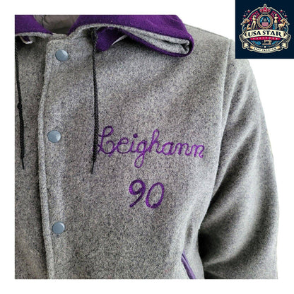 Leighann '99 Vintage Cheerleading Jacket M - Grey Wool Hoodie Style, Retro Team Spirit Apparel