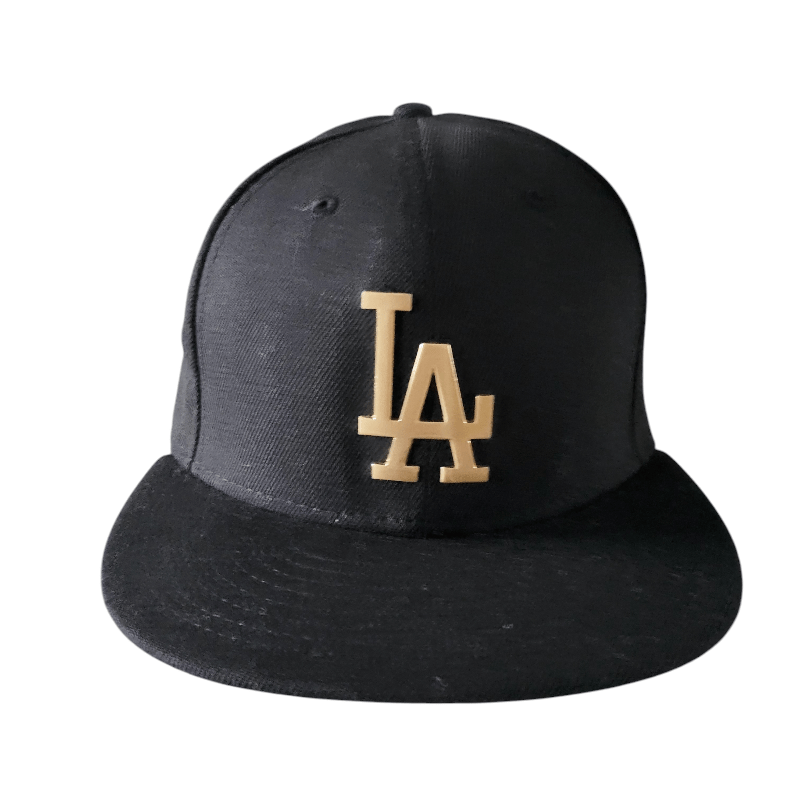 Los Angeles Dodgers New Era Fitted Cap - Black With Gold Metal "LA" Logo, Size 7 3/8