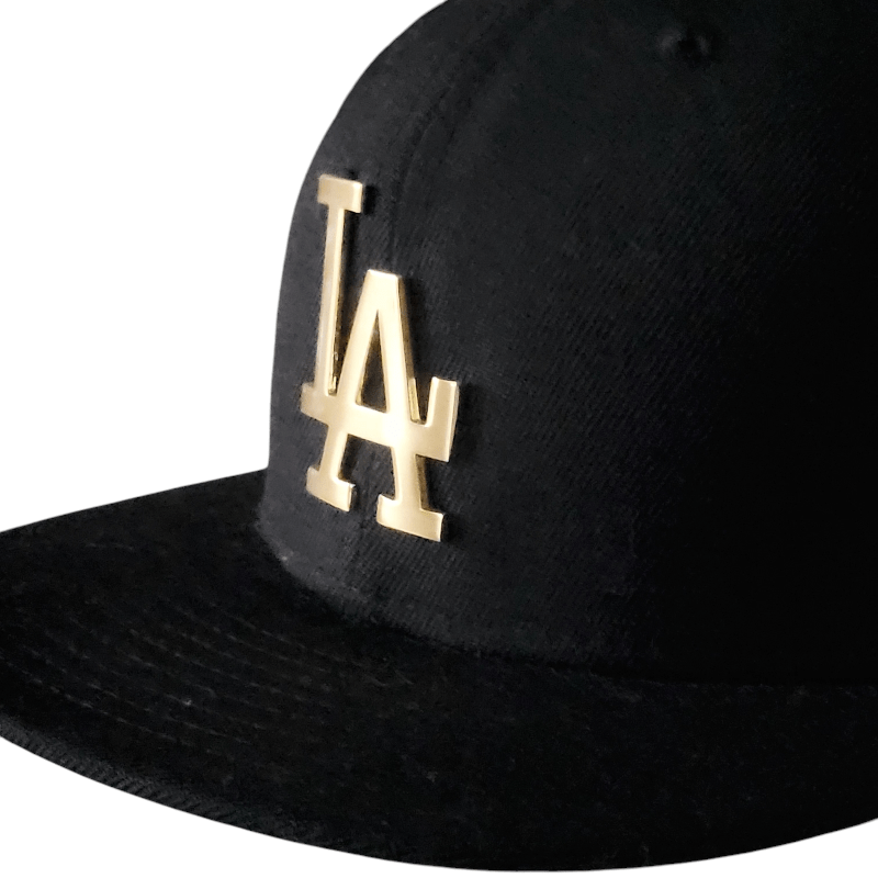 Los Angeles Dodgers New Era Fitted Cap - Black With Gold Metal "LA" Logo, Size 7 3/8