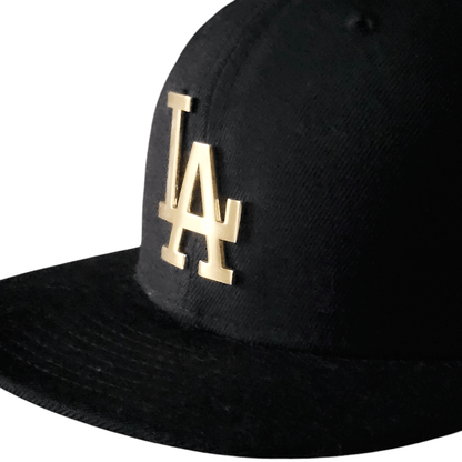 Los Angeles Dodgers New Era Fitted Cap - Black With Gold Metal "LA" Logo, Size 7 3/8