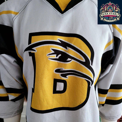 MNM Hockey Club Goalie Jersey S - 100% Polyester, Eagle Head Design, White with Black & Yellow Accents - USASTARFASHION