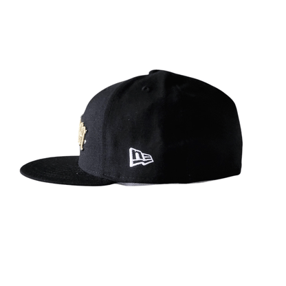 New Era Cap Size 7 3/8 - Black Fitted Hat with Gold C.R.E.A.M Gothic Script Embroidery - USASTARFASHION