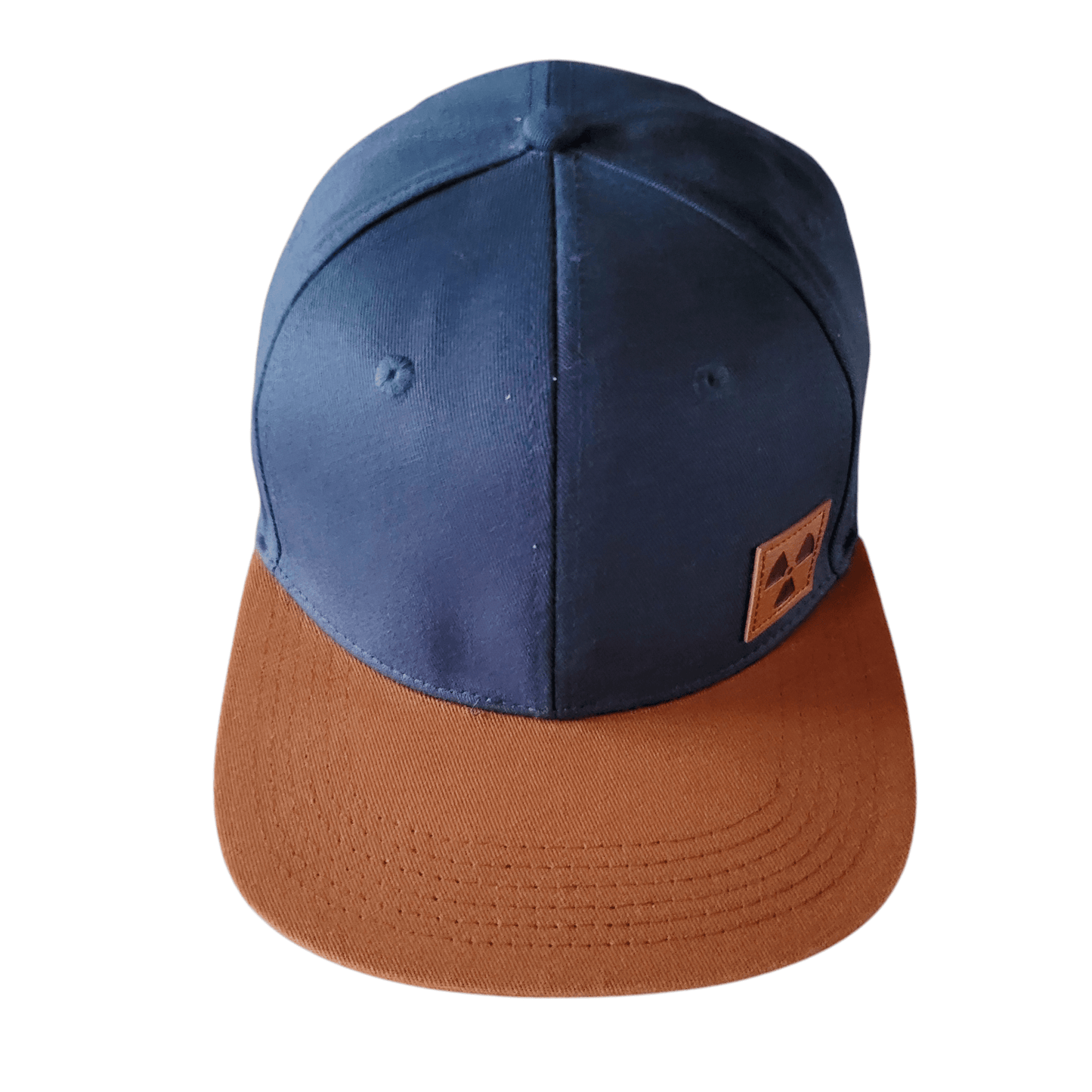 Nukeproof Snapback Hat - Adjustable Navy Blue & Brown Cap with Leather Patch & Embroidered Logo