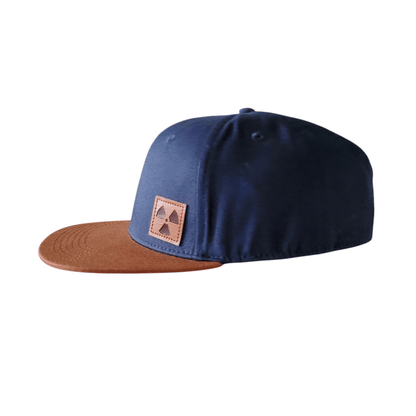 Nukeproof Snapback Hat - Adjustable Navy Blue & Brown Cap with Leather Patch & Embroidered Logo