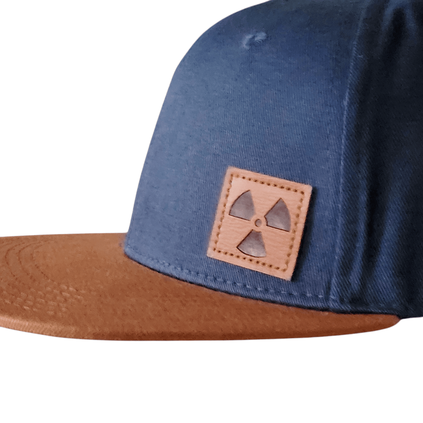 Nukeproof Snapback Hat - Adjustable Navy Blue & Brown Cap with Leather Patch & Embroidered Logo