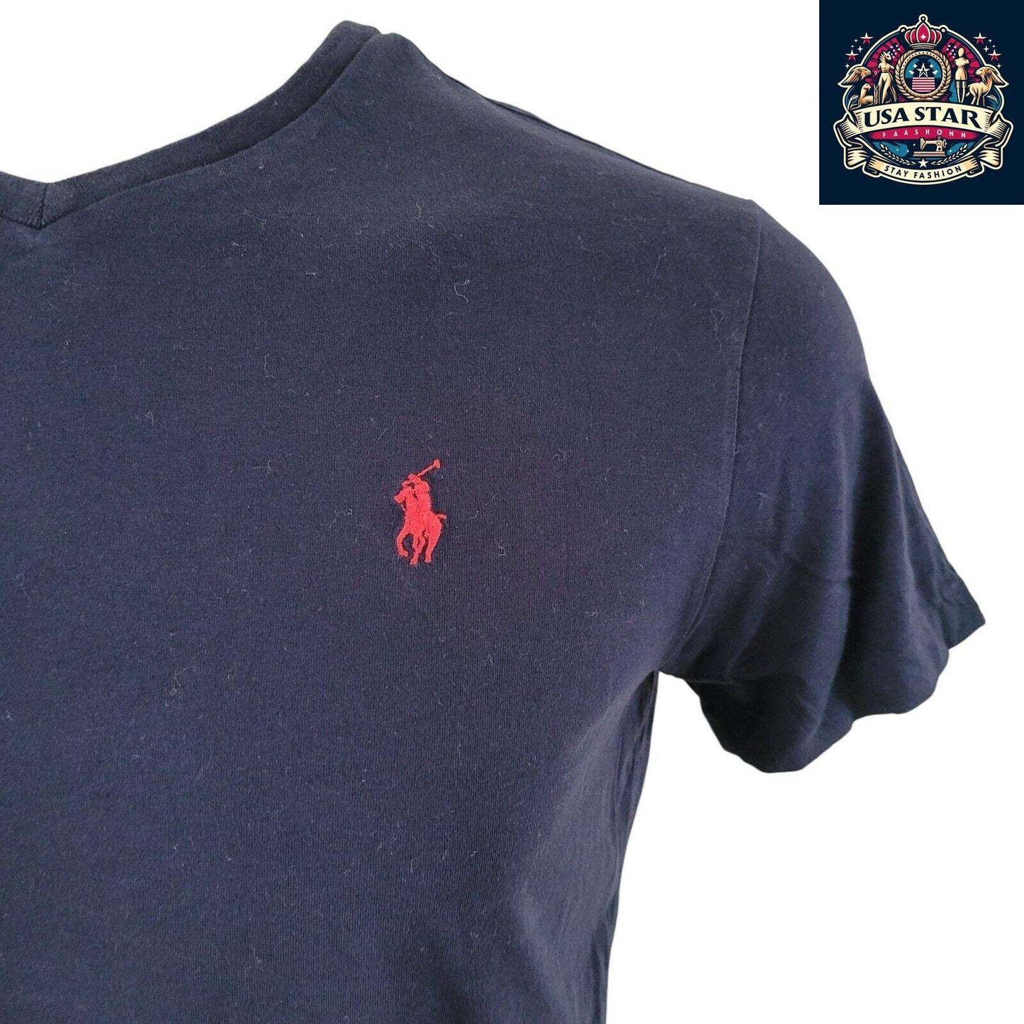 Polo Ralph Lauren V Neck T Shirt Navy Blue, Breathable Cotton, Timeless Style, Size Small