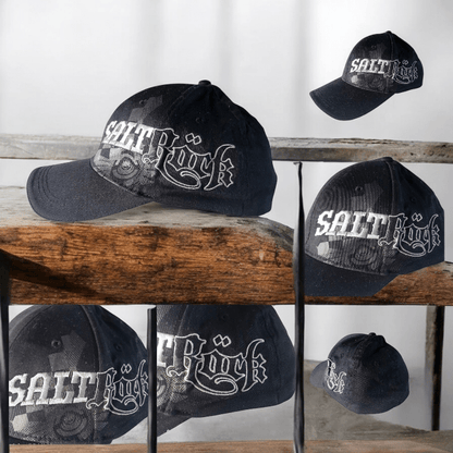 Saltrock Snapback Cap - Black Elastic-Fit With Embroidered Gothic Script Logo, One Size Fits Most