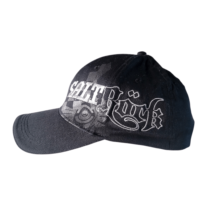 Saltrock Snapback Cap - Black Elastic-Fit With Embroidered Gothic Script Logo, One Size Fits Most