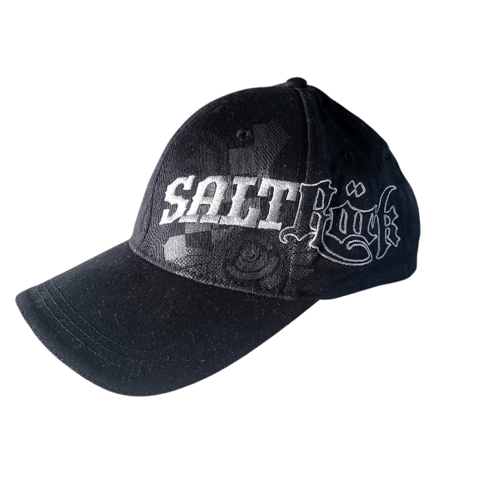 Saltrock Snapback Cap - Black Elastic-Fit With Embroidered Gothic Script Logo, One Size Fits Most