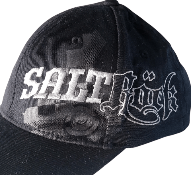 Saltrock Snapback Cap - Black Elastic-Fit With Embroidered Gothic Script Logo, One Size Fits Most