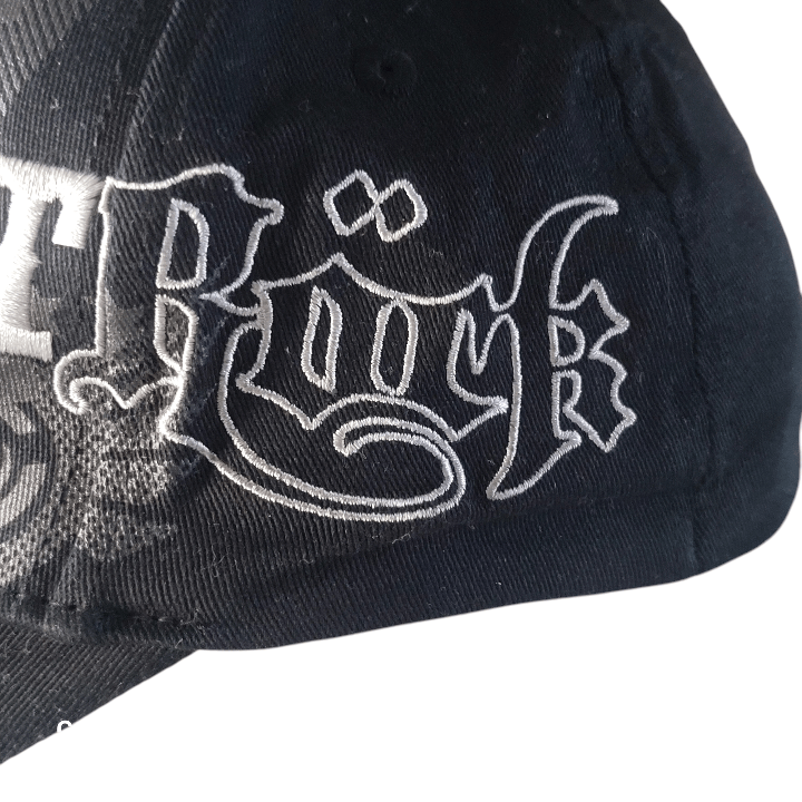 Saltrock Snapback Cap - Black Elastic-Fit With Embroidered Gothic Script Logo, One Size Fits Most