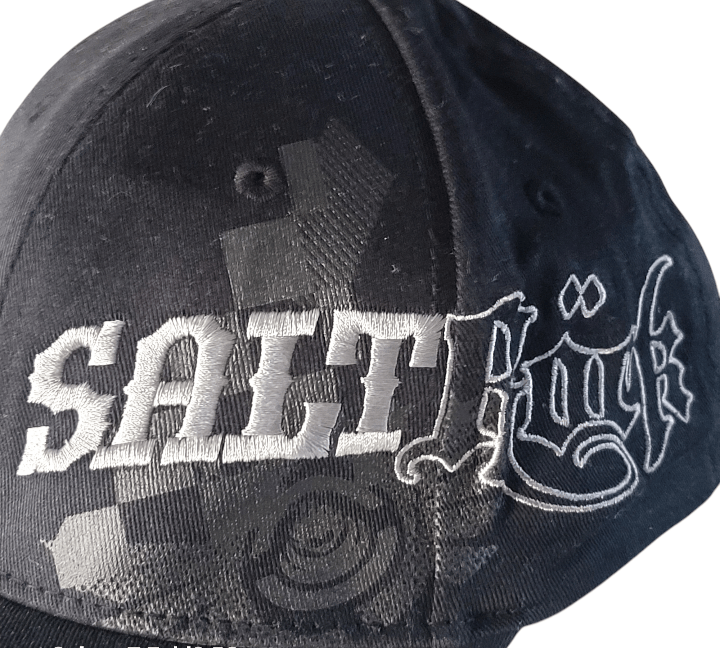 Saltrock Snapback Cap - Black Elastic-Fit With Embroidered Gothic Script Logo, One Size Fits Most