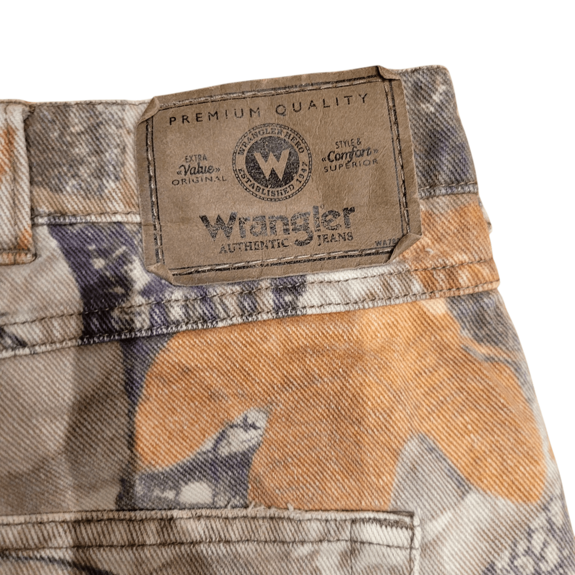 Wrangler Camo Jeans 42x30 Relaxed Fit, 100% Cotton, Durable Construction for Outdoor Activities USASTARFASHION